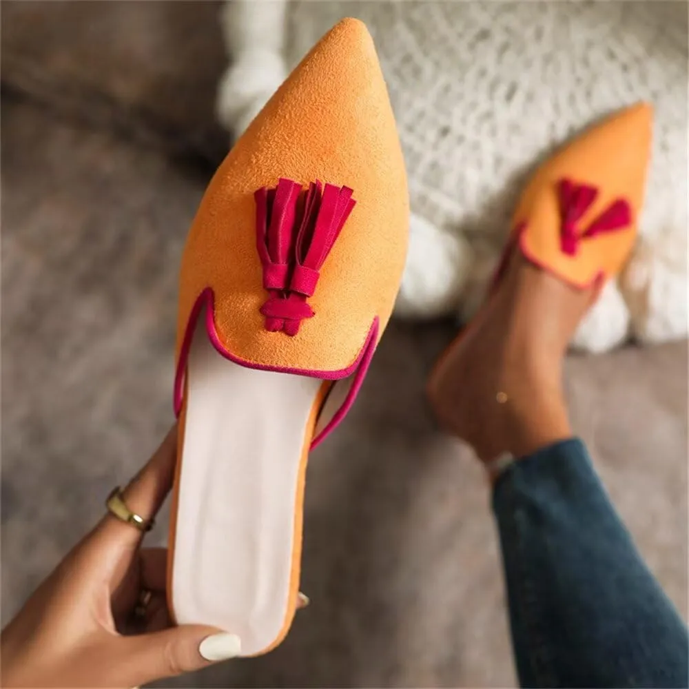 Hee grand Women Mules Closed Pointed Toe Tassel Flat Mules Casual Outdoor Slippers Slip On Backless Loafers
