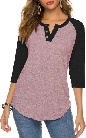 HOCOSIT Women's Raglan V Neck Summer Tops 3/4 Sleeve Ladies Button Henley Shirt Boyfriend Style Blouse
