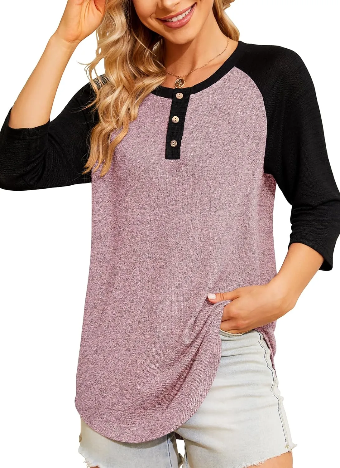 HOCOSIT Women's Raglan V Neck Summer Tops 3/4 Sleeve Ladies Button Henley Shirt Boyfriend Style Blouse