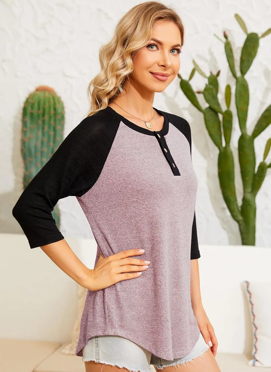 HOCOSIT Women's Raglan V Neck Summer Tops 3/4 Sleeve Ladies Button Henley Shirt Boyfriend Style Blouse