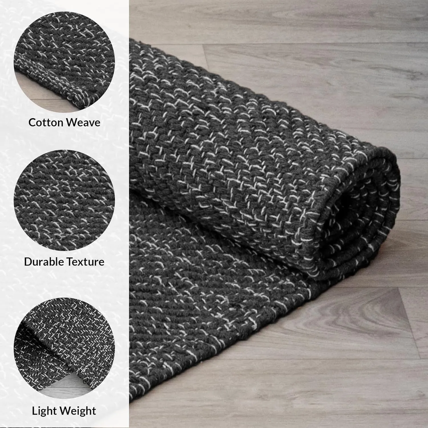 HOMEMONDE Cotton Herringbone Runner Rug 2' x 6' Indoor Farmhouse Décor Lightweight Braided Area Rug for High Traffic Areas Entryway, Kitchen, Bedroom (Grey & White)