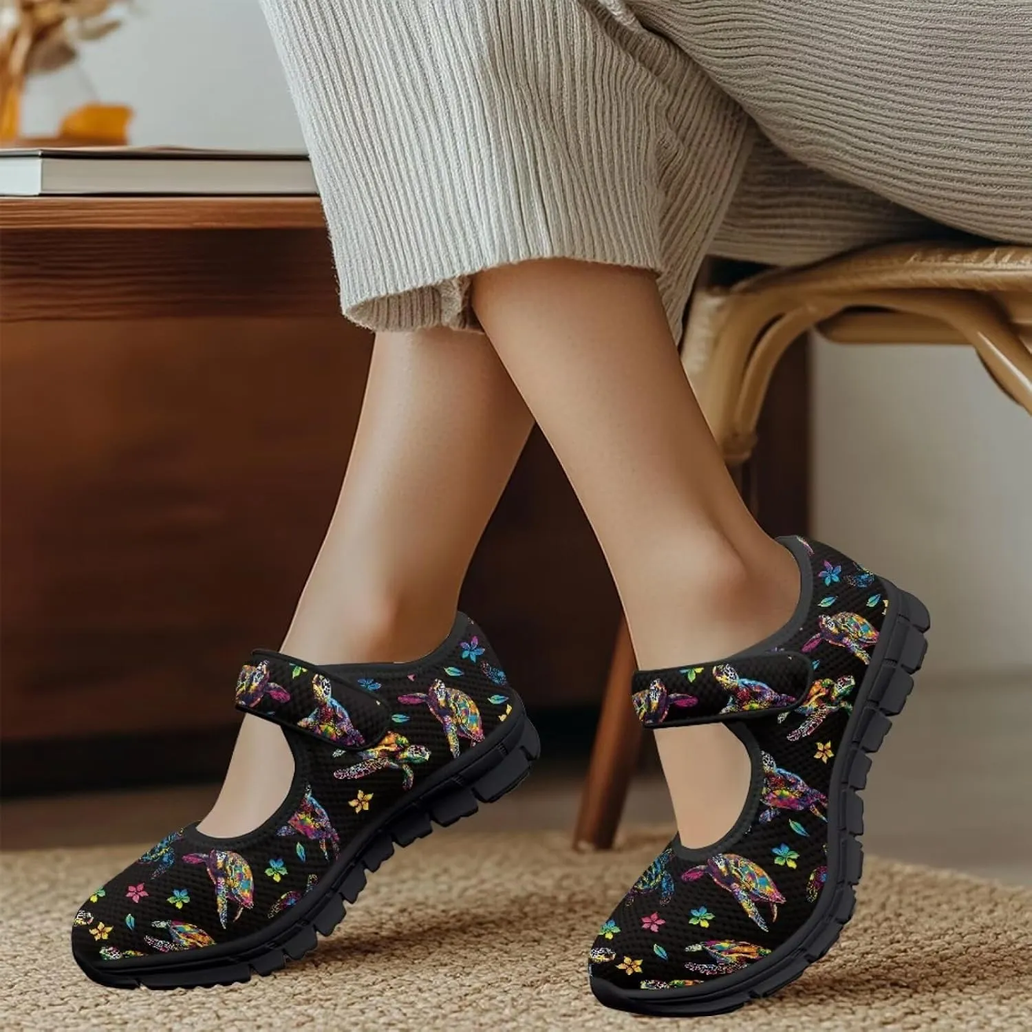 Howilath Animal Print Mary Jane Shoes Women Round Toe Dress Dance Shoes Mesh Casual Flats Shoes