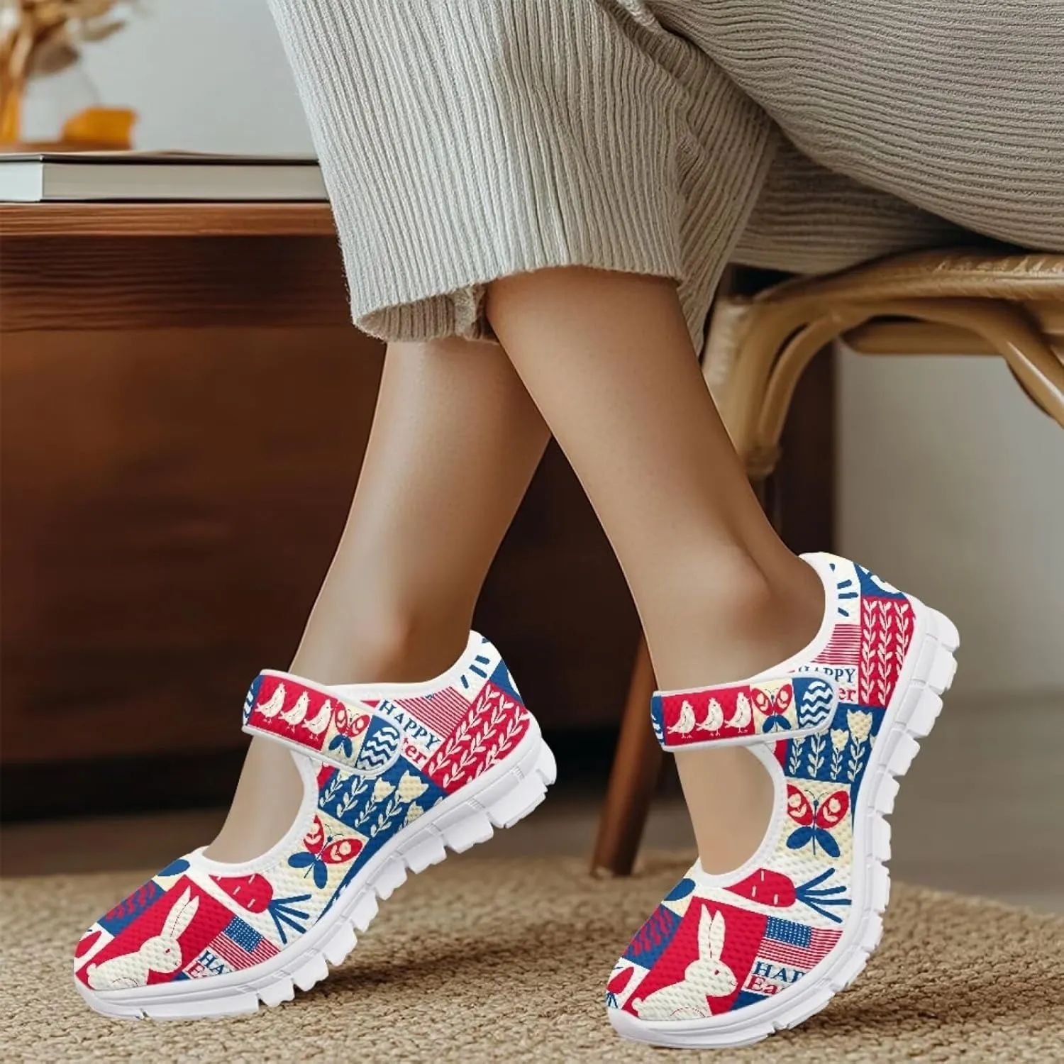 Howilath Easter Bunny Print Women's Ballet Flats Round Toe Mary Janes Ballerina Shoes with Magic Sticker