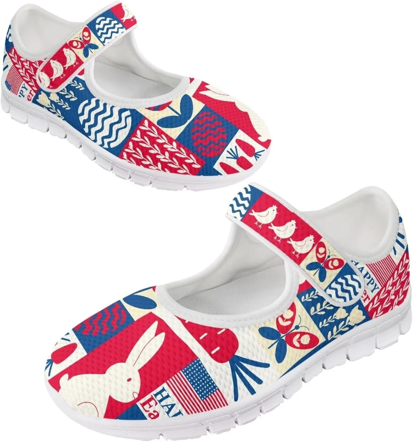 Howilath Easter Bunny Print Women's Ballet Flats Round Toe Mary Janes Ballerina Shoes with Magic Sticker
