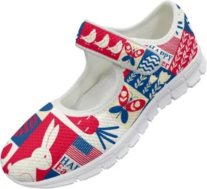Howilath Easter Bunny Print Women's Ballet Flats Round Toe Mary Janes Ballerina Shoes with Magic Sticker