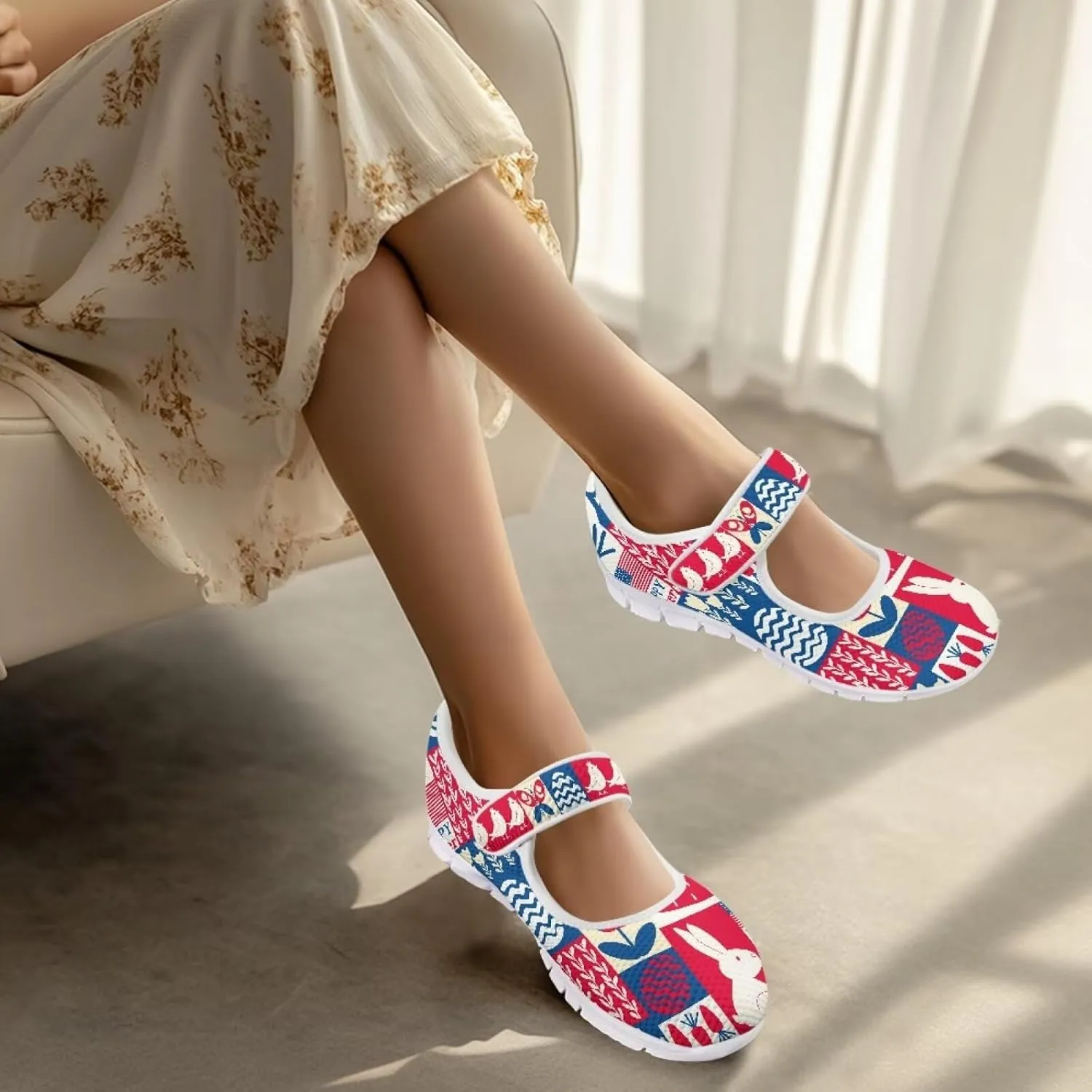 Howilath Easter Bunny Print Women's Ballet Flats Round Toe Mary Janes Ballerina Shoes with Magic Sticker
