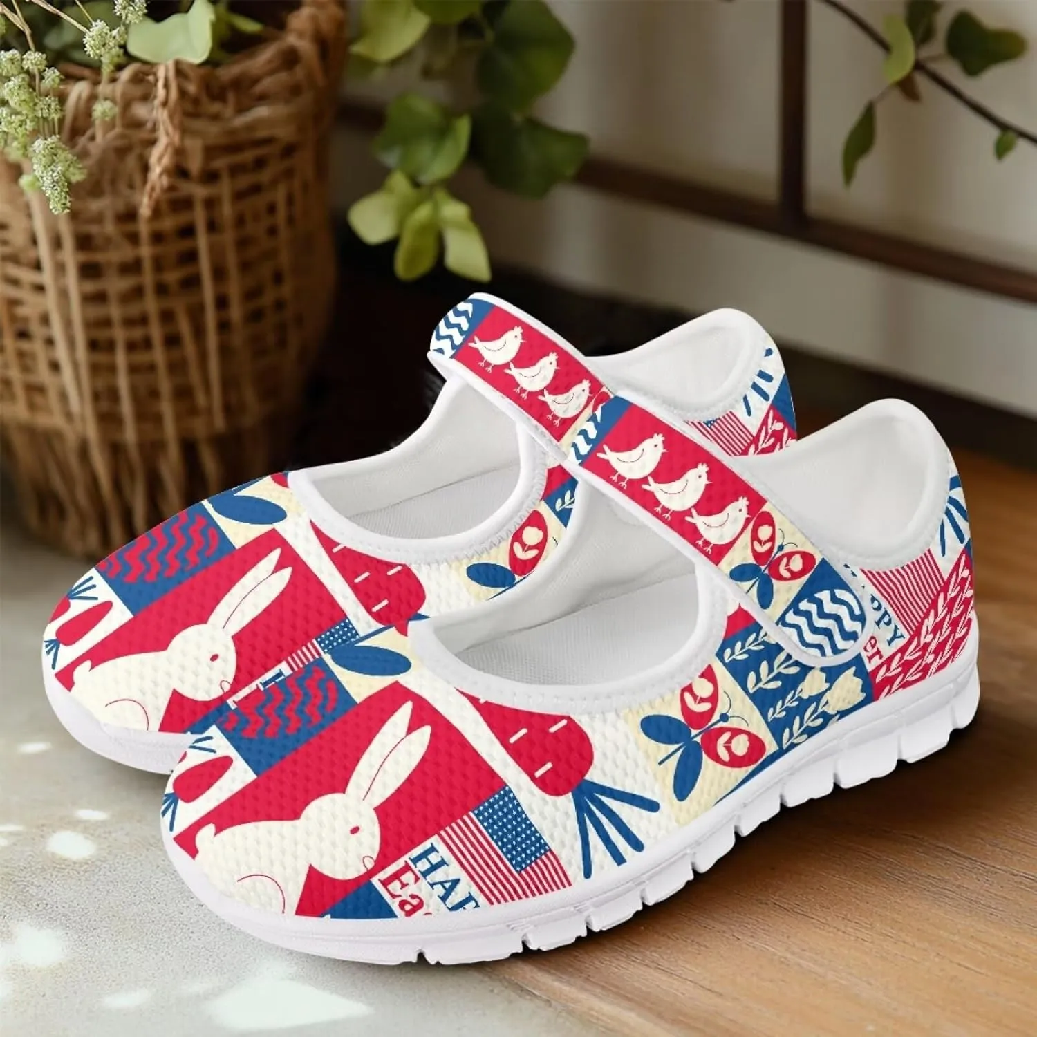 Howilath Easter Bunny Print Women's Ballet Flats Round Toe Mary Janes Ballerina Shoes with Magic Sticker