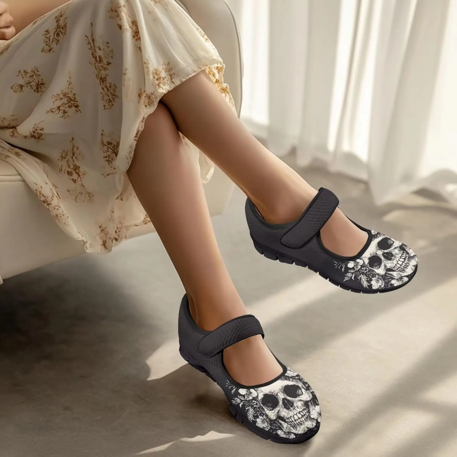Howilath Gothic Skull Print Womens Mary Jane Shoes Flats Round Toe Ballet Flats Dress Dance Shoe swith Magic Sticker
