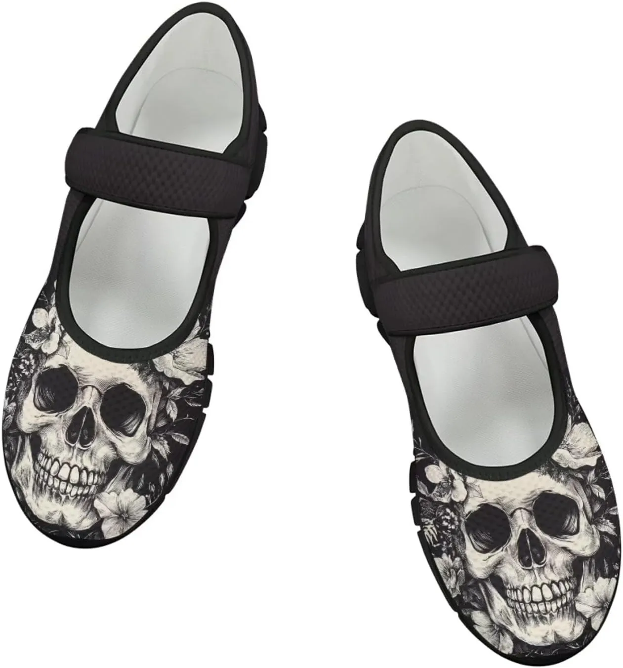 Howilath Gothic Skull Print Womens Mary Jane Shoes Flats Round Toe Ballet Flats Dress Dance Shoe swith Magic Sticker