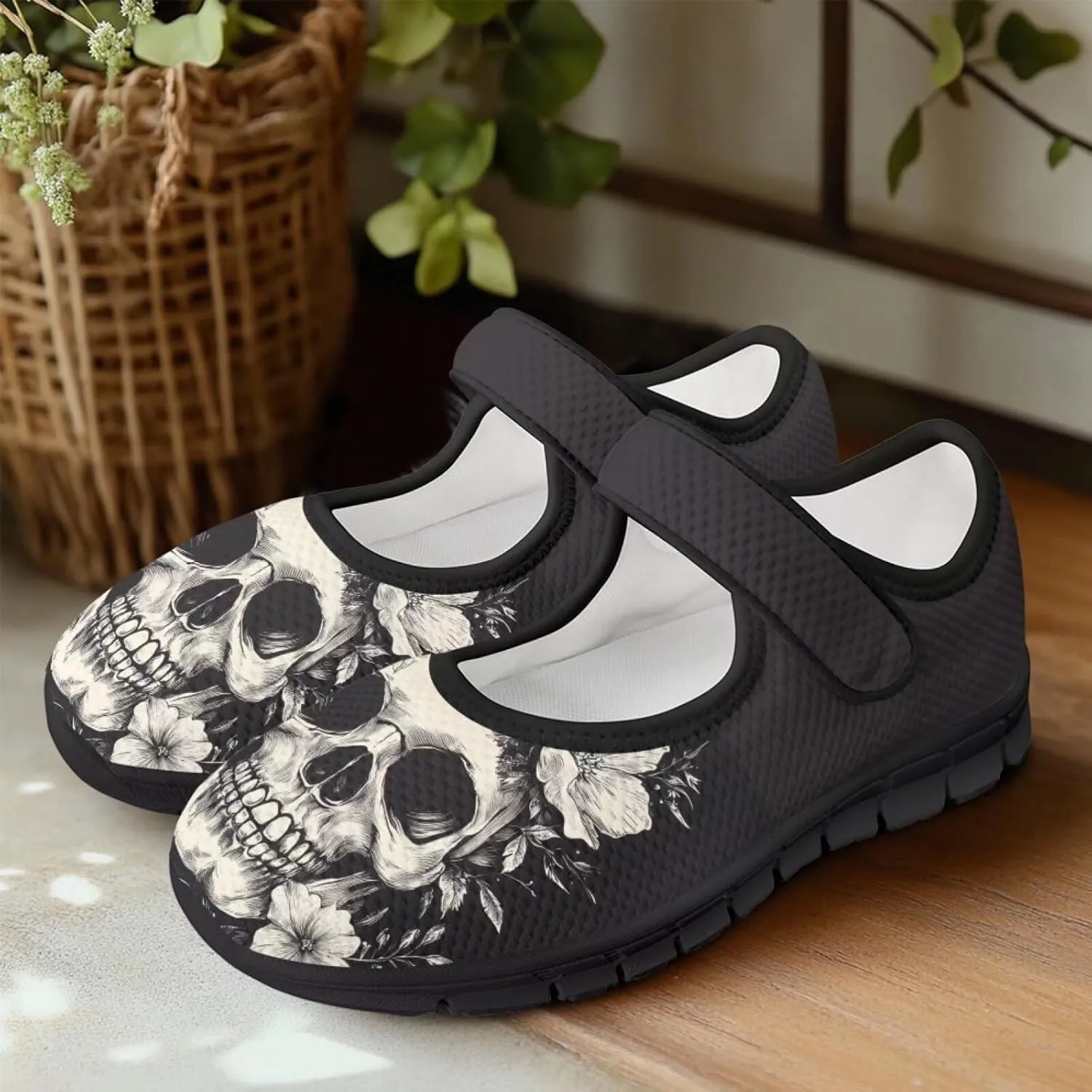 Howilath Gothic Skull Print Womens Mary Jane Shoes Flats Round Toe Ballet Flats Dress Dance Shoe swith Magic Sticker