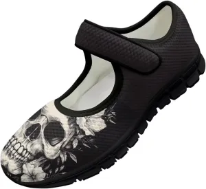 Howilath Gothic Skull Print Womens Mary Jane Shoes Flats Round Toe Ballet Flats Dress Dance Shoe swith Magic Sticker
