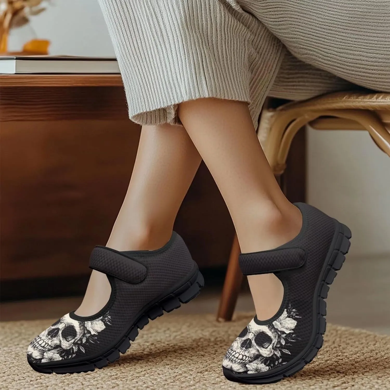 Howilath Gothic Skull Print Womens Mary Jane Shoes Flats Round Toe Ballet Flats Dress Dance Shoe swith Magic Sticker