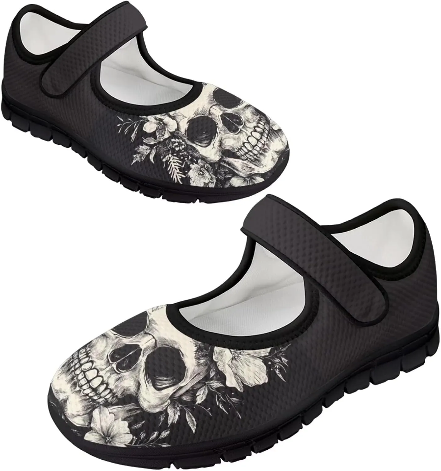 Howilath Gothic Skull Print Womens Mary Jane Shoes Flats Round Toe Ballet Flats Dress Dance Shoe swith Magic Sticker