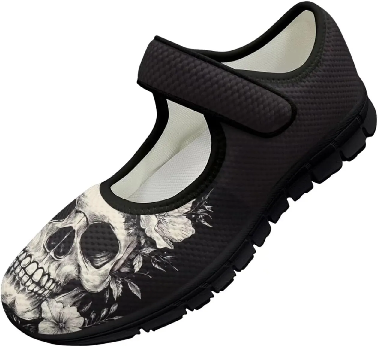 Howilath Gothic Skull Print Womens Mary Jane Shoes Flats Round Toe Ballet Flats Dress Dance Shoe swith Magic Sticker
