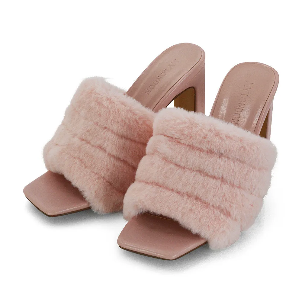Hunter Fluffy Faux Fur Front Strap Square Toe High Slim Block Heel Mules in Nude