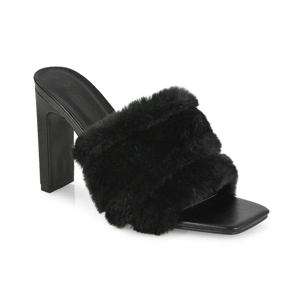 Hunter Fluffy Faux Fur Front Strap Square Toe High Slim Block Heel Mules in Nude