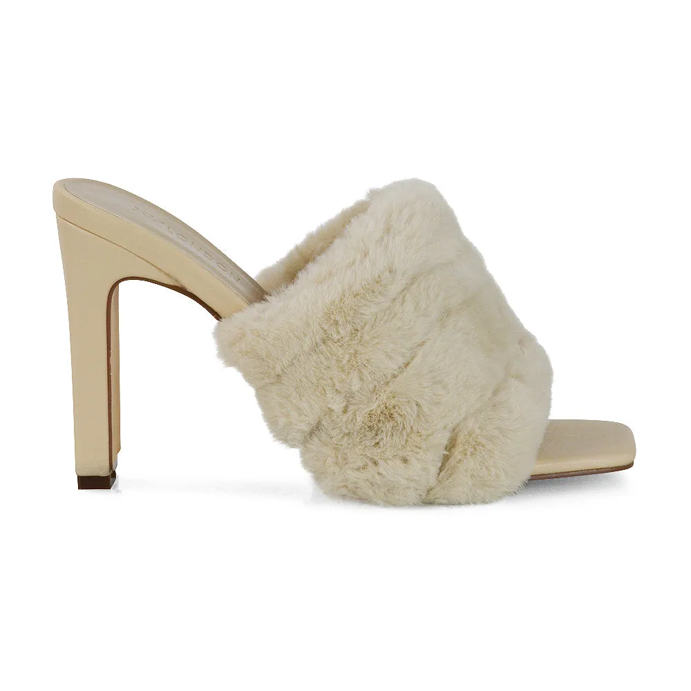 Hunter Fluffy Faux Fur Front Strap Square Toe High Slim Block Heel Mules in Nude