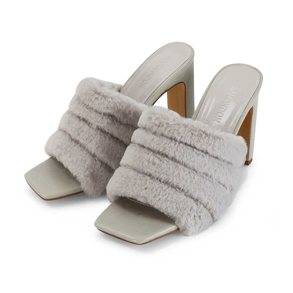 Hunter Fluffy Faux Fur Front Strap Square Toe High Slim Block Heel Mules in Nude