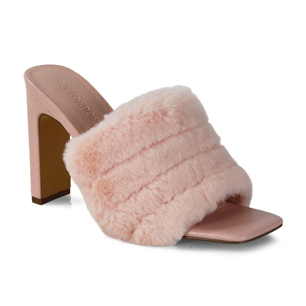 Hunter Fluffy Faux Fur Front Strap Square Toe High Slim Block Heel Mules in Nude