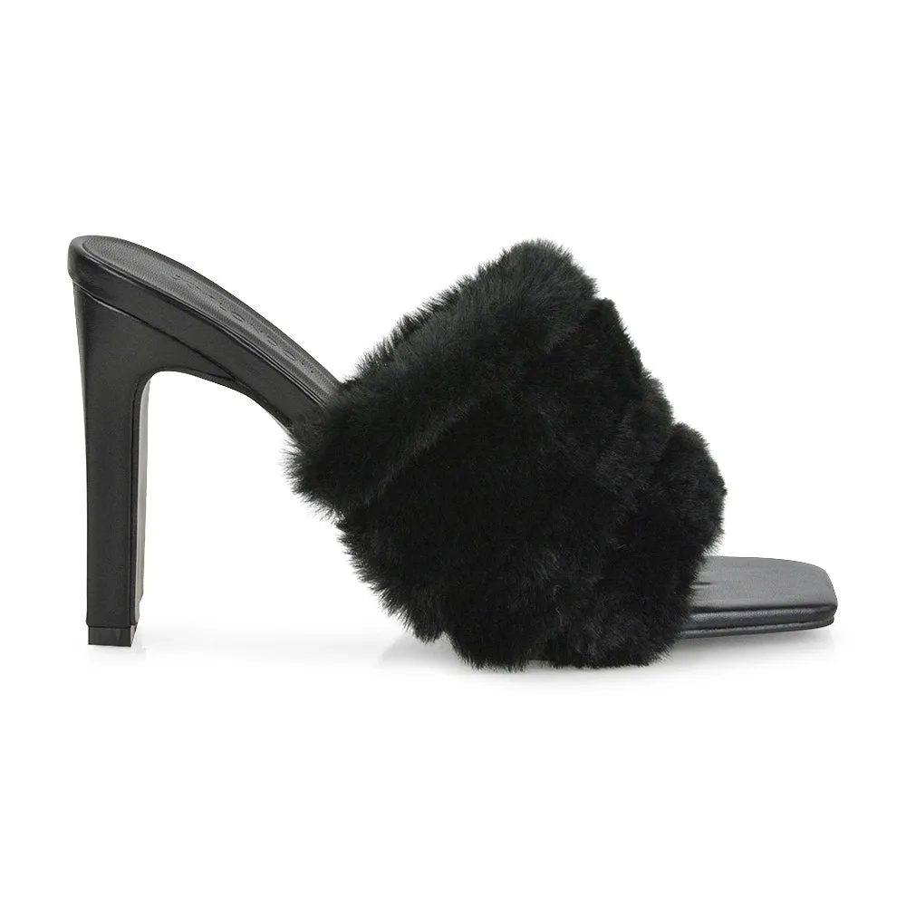 Hunter Fluffy Faux Fur Front Strap Square Toe High Slim Block Heel Mules in Nude