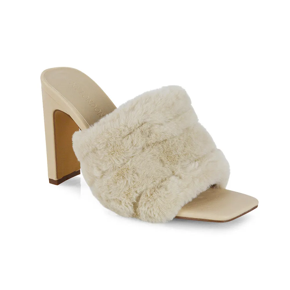 Hunter Fluffy Faux Fur Front Strap Square Toe High Slim Block Heel Mules in Nude