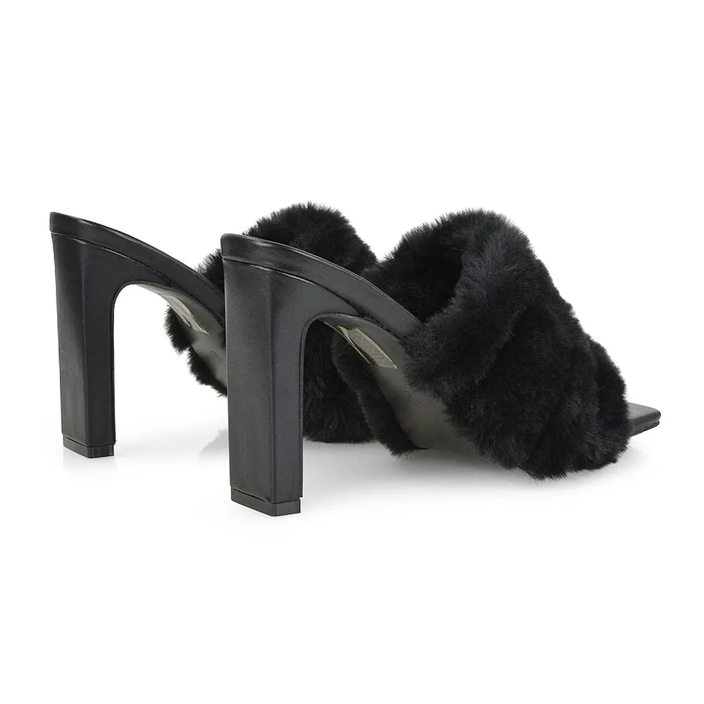Hunter Fluffy Faux Fur Front Strap Square Toe High Slim Block Heel Mules in Nude
