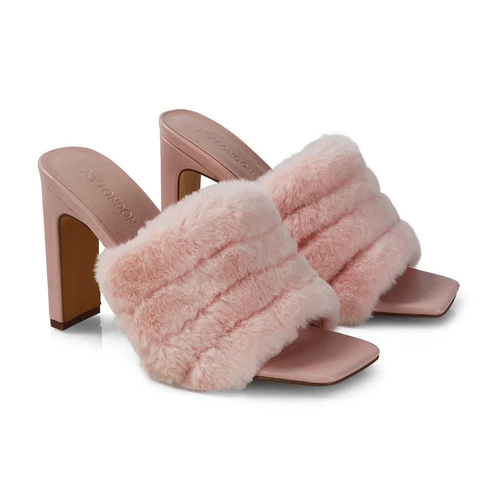 Hunter Fluffy Faux Fur Front Strap Square Toe High Slim Block Heel Mules in Nude