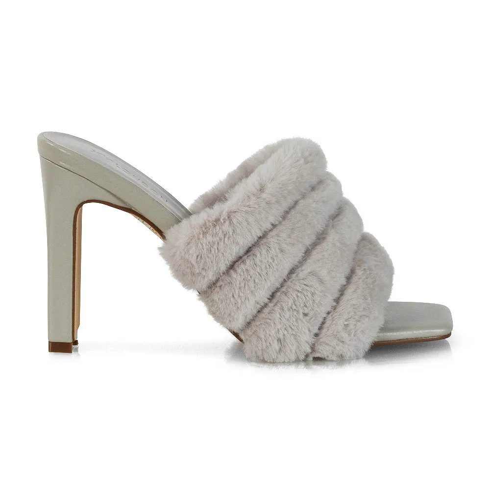 Hunter Fluffy Faux Fur Front Strap Square Toe High Slim Block Heel Mules in Nude
