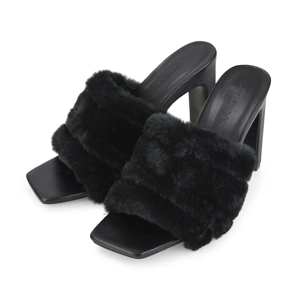 Hunter Fluffy Faux Fur Front Strap Square Toe High Slim Block Heel Mules in Nude