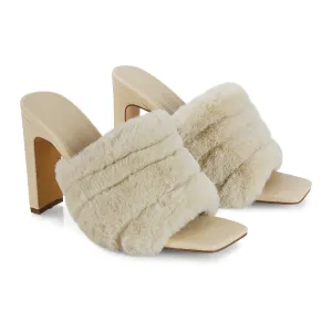 Hunter Fluffy Faux Fur Front Strap Square Toe High Slim Block Heel Mules in Nude