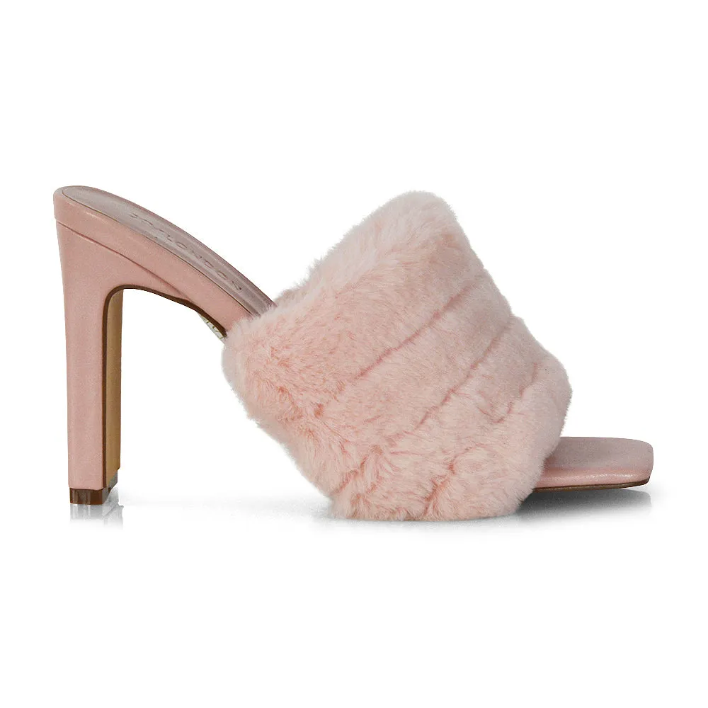 Hunter Fluffy Faux Fur Front Strap Square Toe High Slim Block Heel Mules in Nude