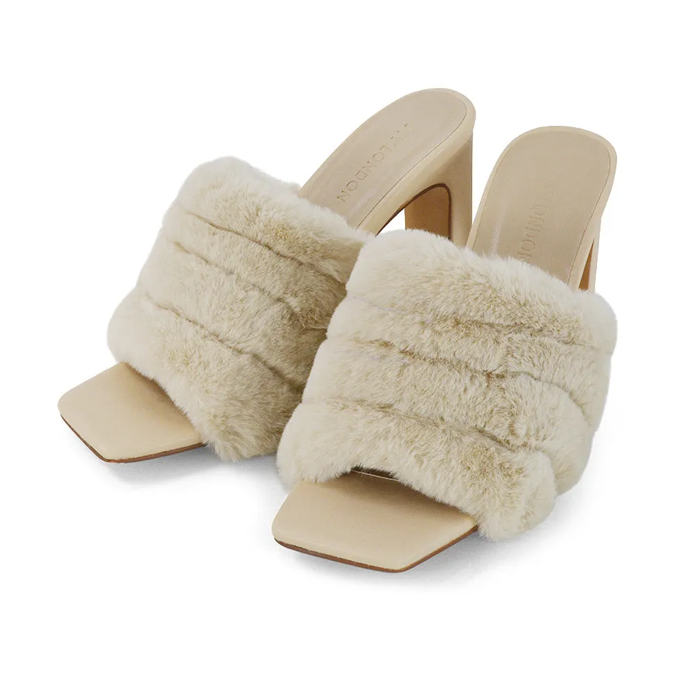 Hunter Fluffy Faux Fur Front Strap Square Toe High Slim Block Heel Mules in Nude
