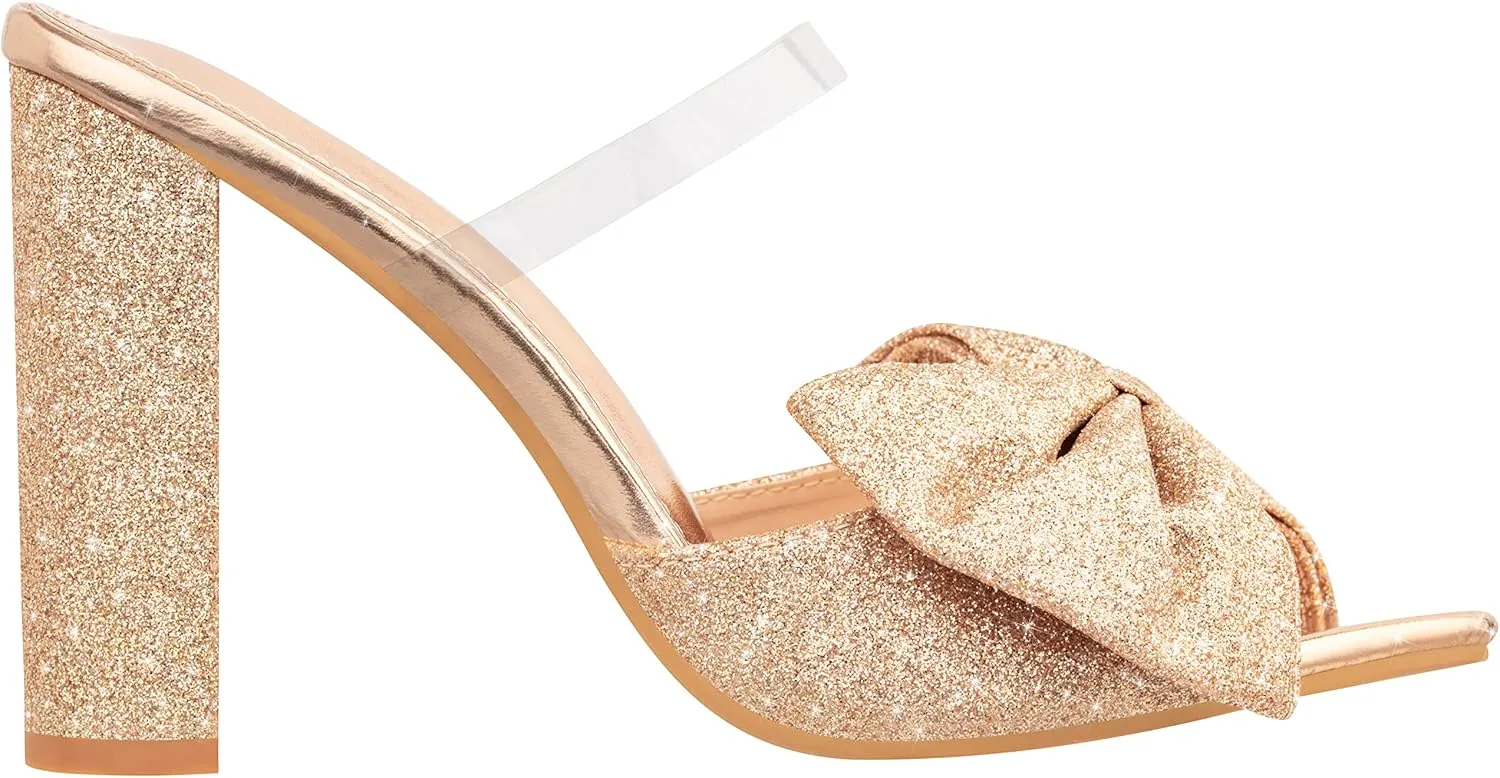 ILLUDE Women’s Chunky Block Heel with Bow Clear Pointed Toe Heeled Sandal Slip On Mule - Rosa