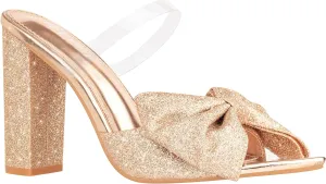 ILLUDE Women’s Chunky Block Heel with Bow Clear Pointed Toe Heeled Sandal Slip On Mule - Rosa