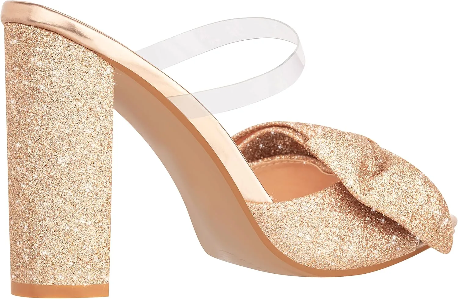 ILLUDE Women’s Chunky Block Heel with Bow Clear Pointed Toe Heeled Sandal Slip On Mule - Rosa