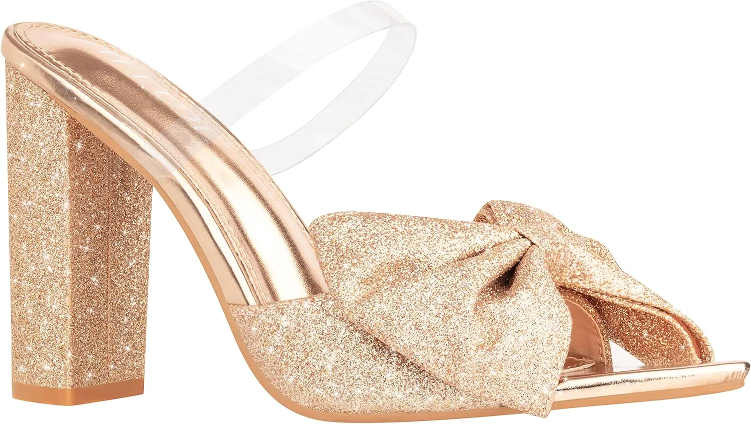 ILLUDE Women’s Chunky Block Heel with Bow Clear Pointed Toe Heeled Sandal Slip On Mule - Rosa