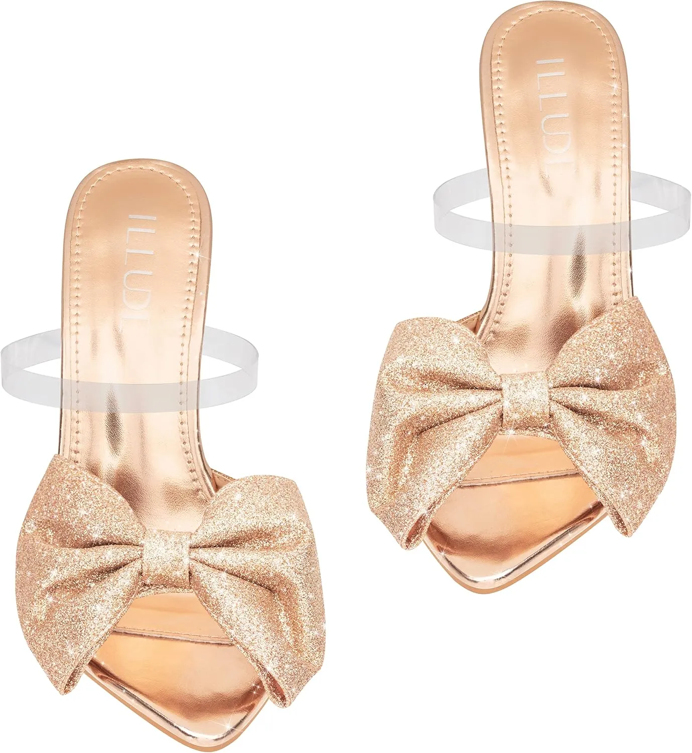 ILLUDE Women’s Chunky Block Heel with Bow Clear Pointed Toe Heeled Sandal Slip On Mule - Rosa