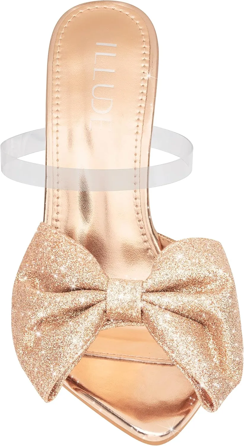 ILLUDE Women’s Chunky Block Heel with Bow Clear Pointed Toe Heeled Sandal Slip On Mule - Rosa