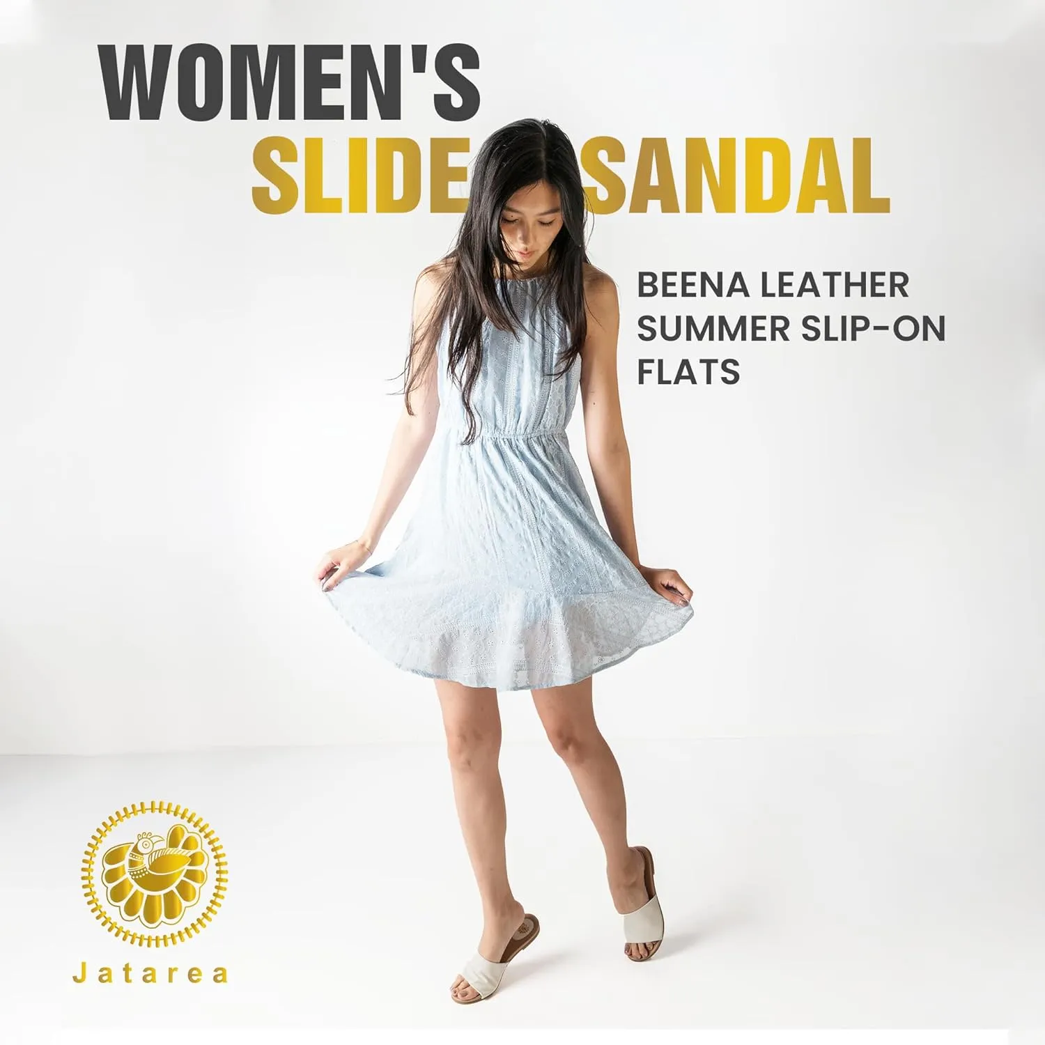 JATAREA Women’s Slip-On Flat Sandals with Round Open Toe | Dressy Summer Slides for Women