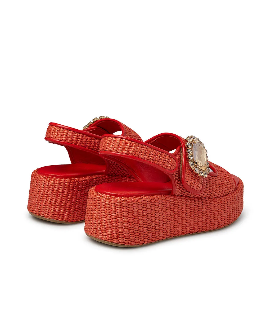 Jewel broche cayenne red nappa and raffia wedge mules
