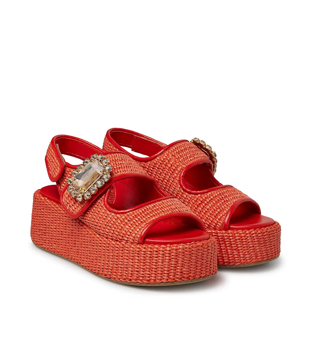 Jewel broche cayenne red nappa and raffia wedge mules
