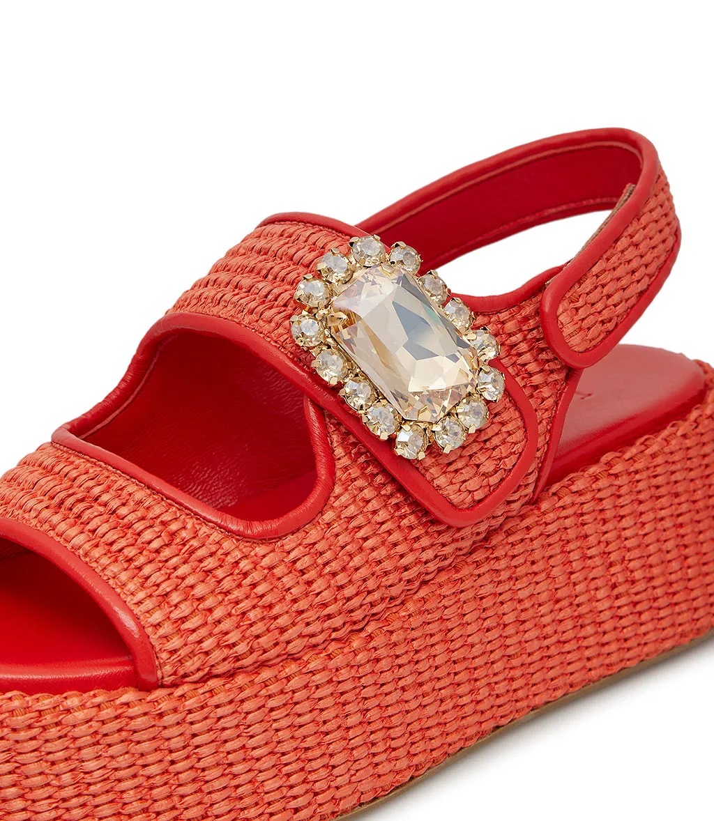 Jewel broche cayenne red nappa and raffia wedge mules