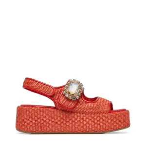 Jewel broche cayenne red nappa and raffia wedge mules