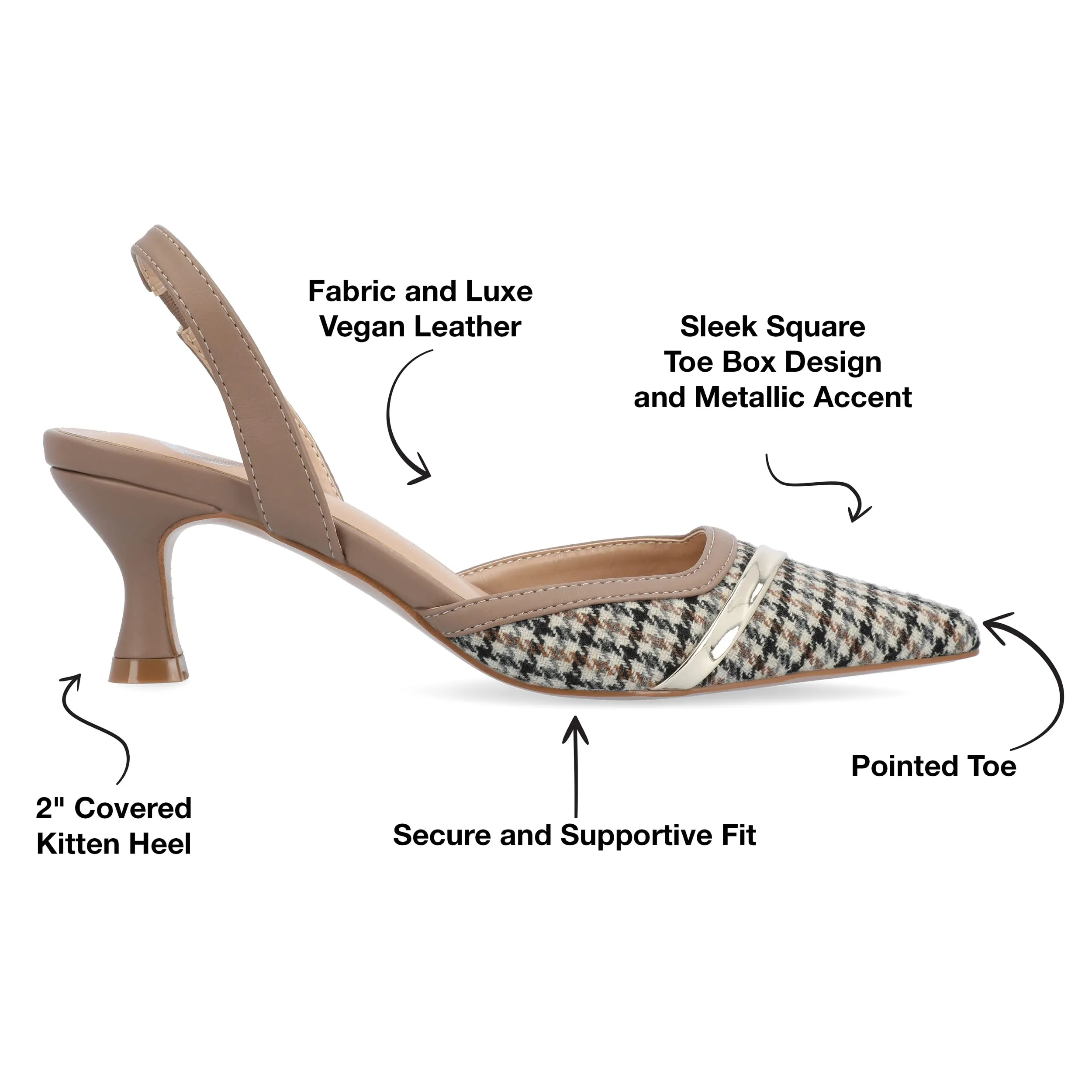 Journee Womens Slip On Mule Houndstooth Kitten Heel Slingback Closed Pointed Toe Nellia Padded Pump Taupe 10 Medium Womens US