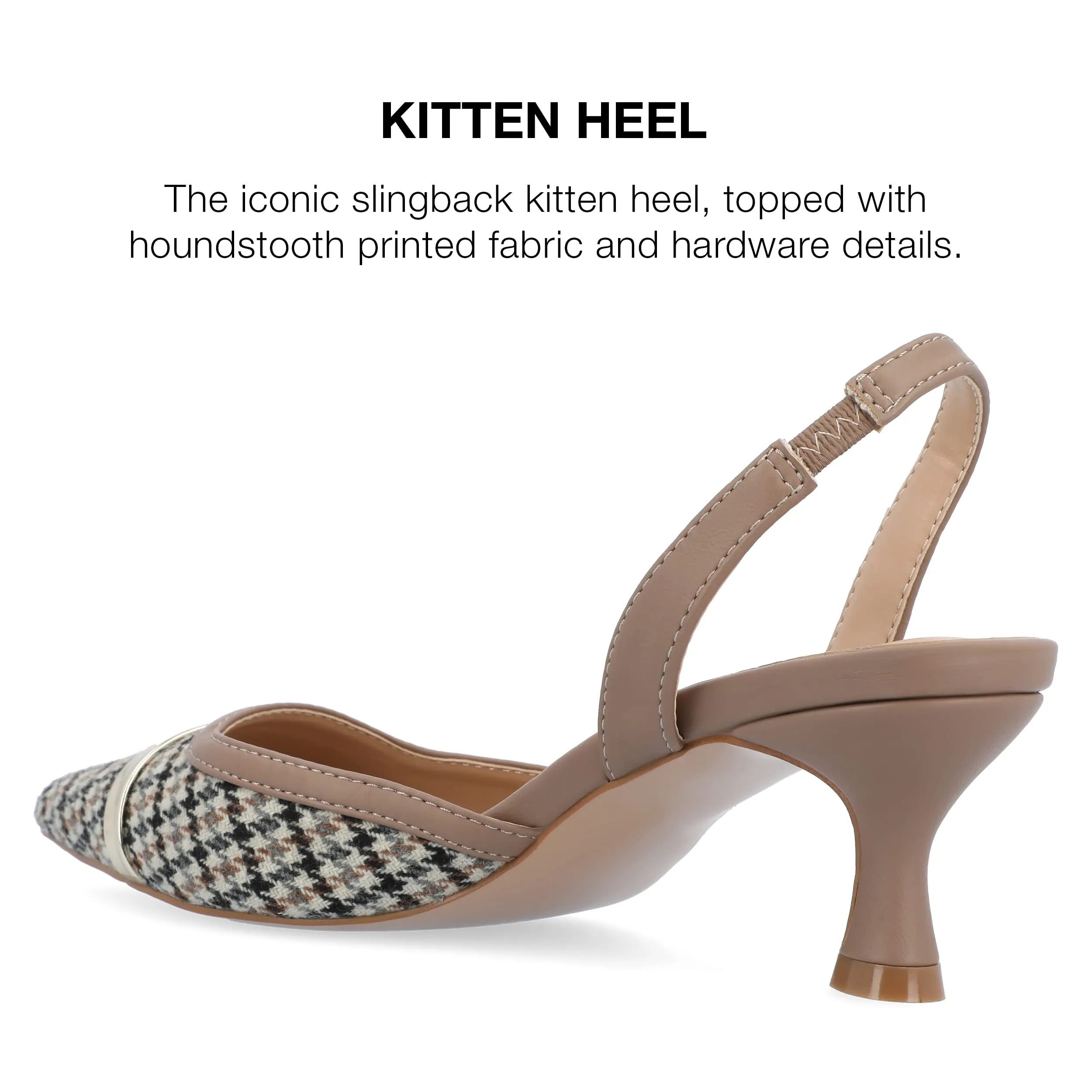 Journee Womens Slip On Mule Houndstooth Kitten Heel Slingback Closed Pointed Toe Nellia Padded Pump Taupe 10 Medium Womens US