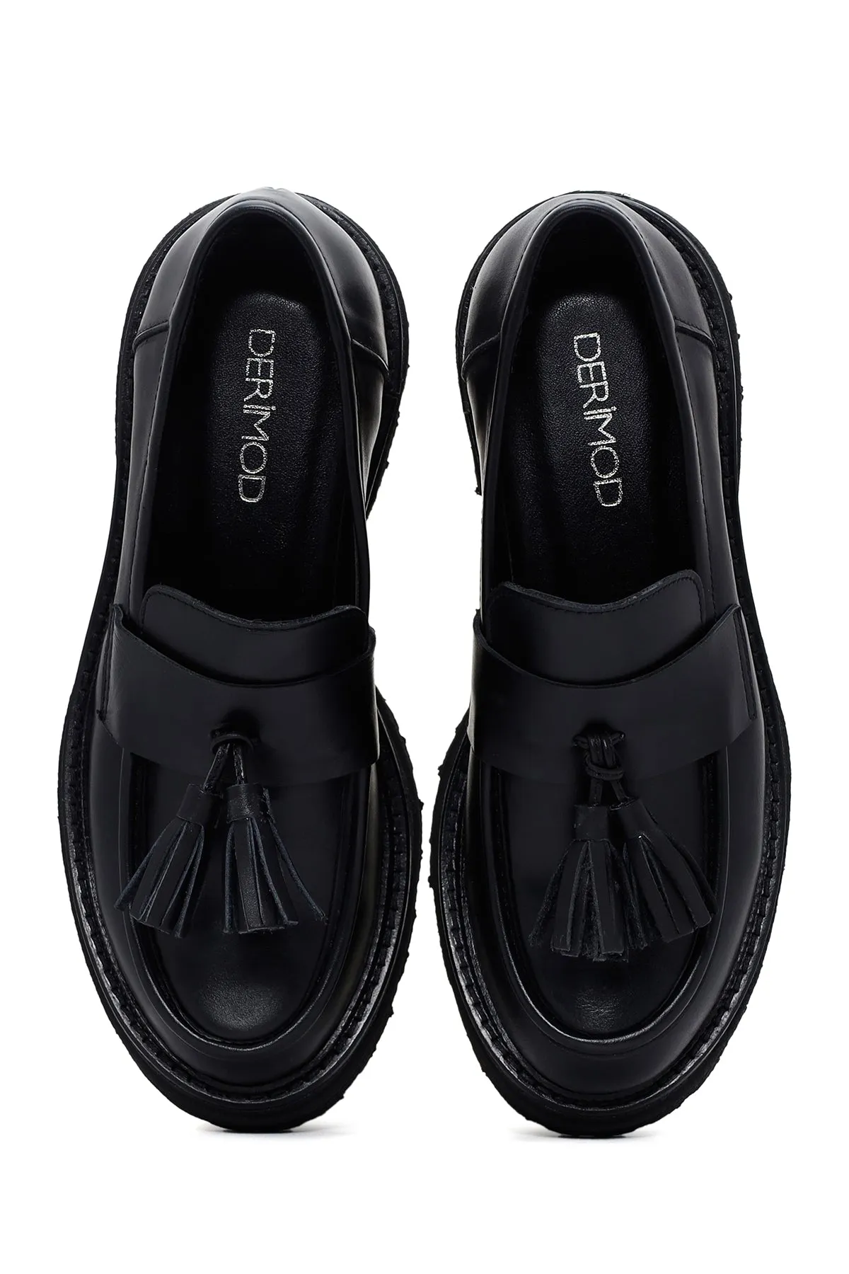 Kadın Siyah Kalın Tabanlı Püsküllü Casual Deri Loafer