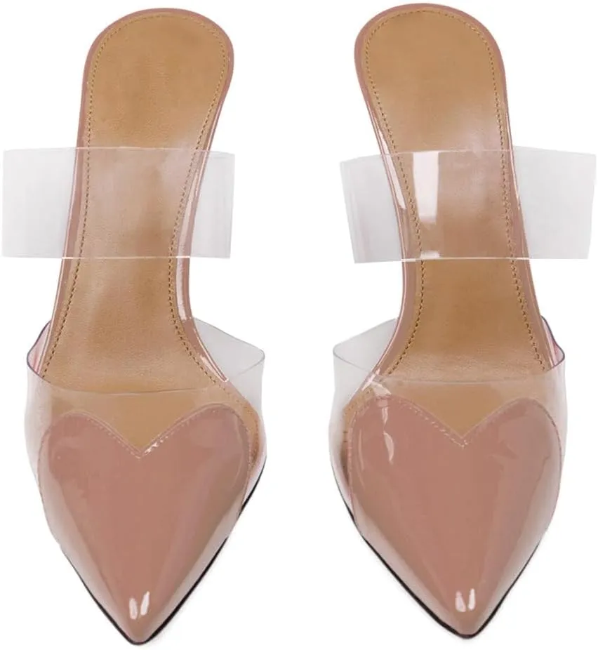 keleimusi Clear Heart Heeled Mules Transparent PVC Pointed Toe Mule Pumps Backless Slip On Clear Heeled Sandals Party Prom Dress High Heel Mules