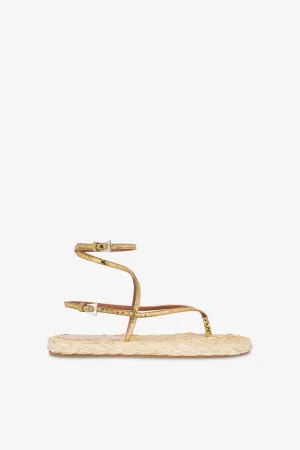 Lace-up sandals in natural raffia and gold metallic python-print leather