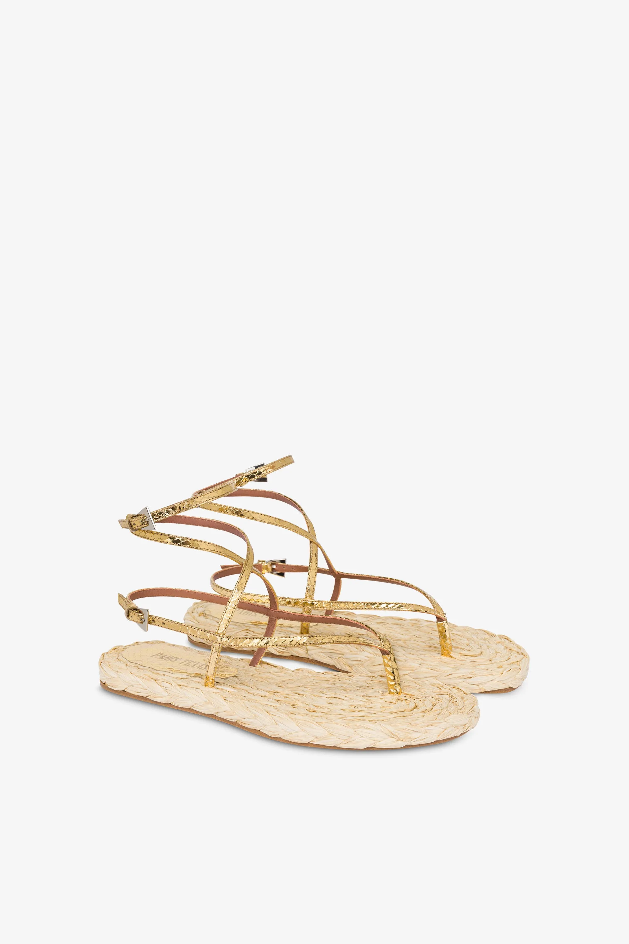 Lace-up sandals in natural raffia and gold metallic python-print leather