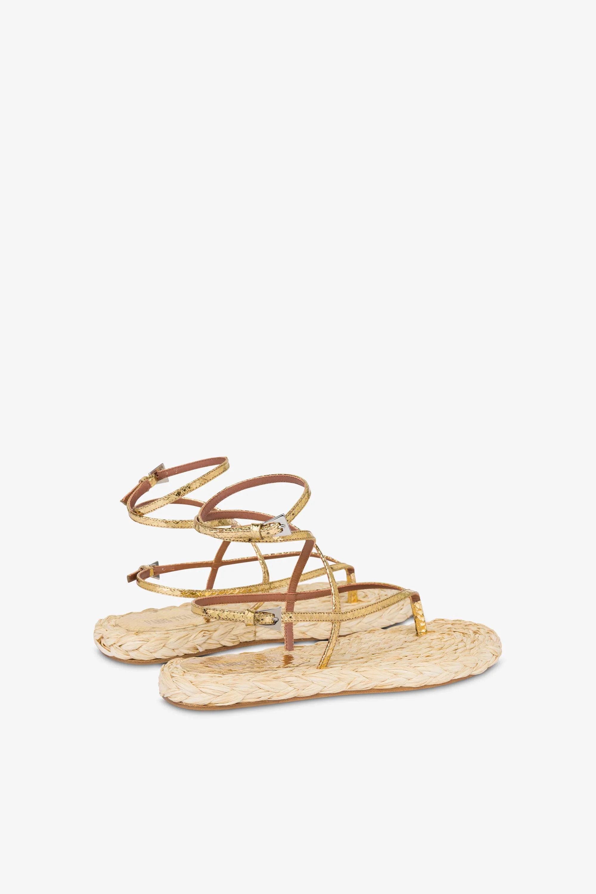 Lace-up sandals in natural raffia and gold metallic python-print leather